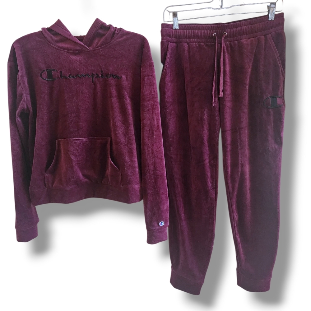 Champion Burgundy Velour Hoodie and Joggers Set S